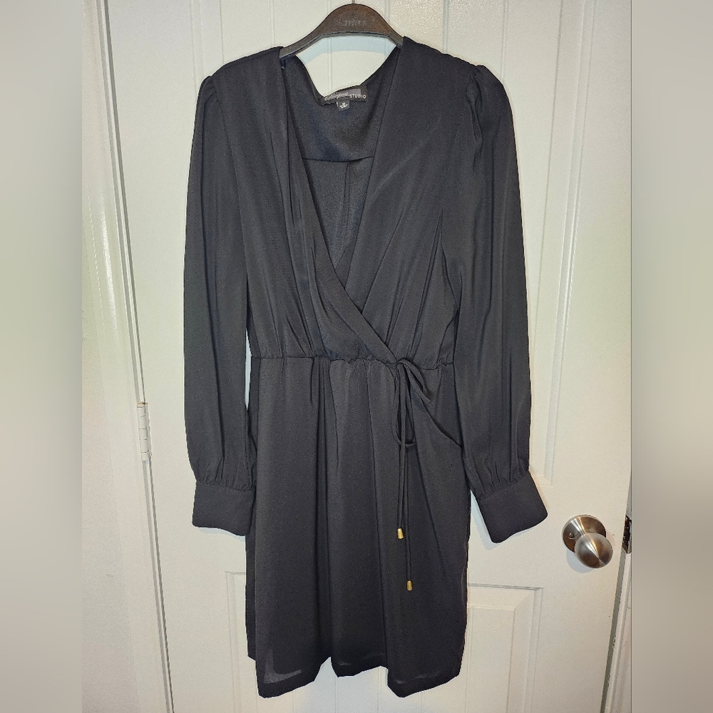 Pompous Studio Black Long Sleeve Wrap Dress 10 - Classic Midi Career